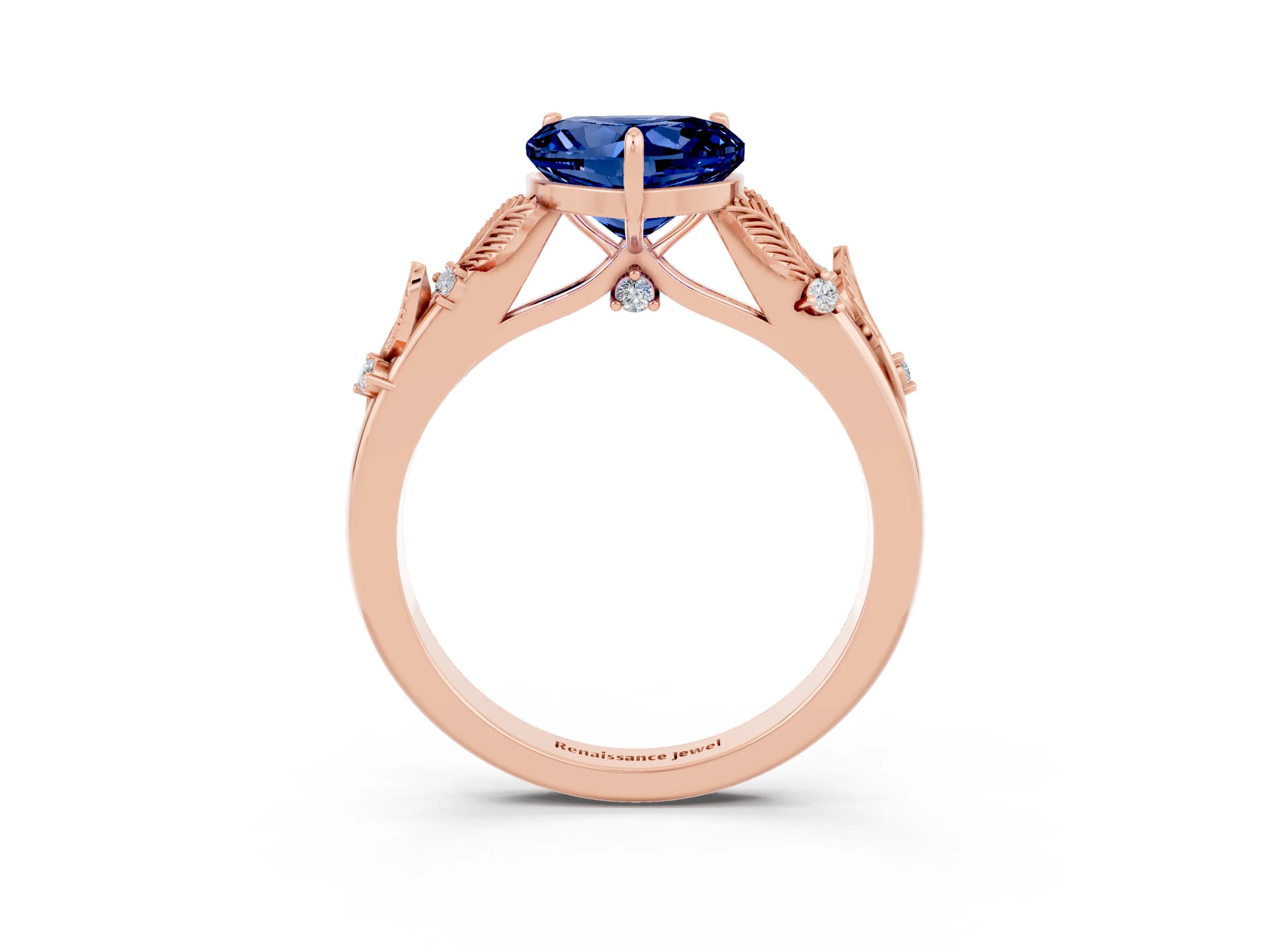 Rose gold Heart Cut Blue Sapphire Solitaire Ring with Leaf Motif Band and Four-Prong Setting_3