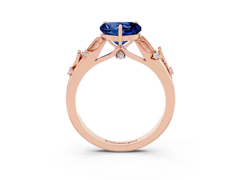 Rose gold Heart Cut Blue Sapphire Solitaire Ring with Leaf Motif Band and Four-Prong Setting_3