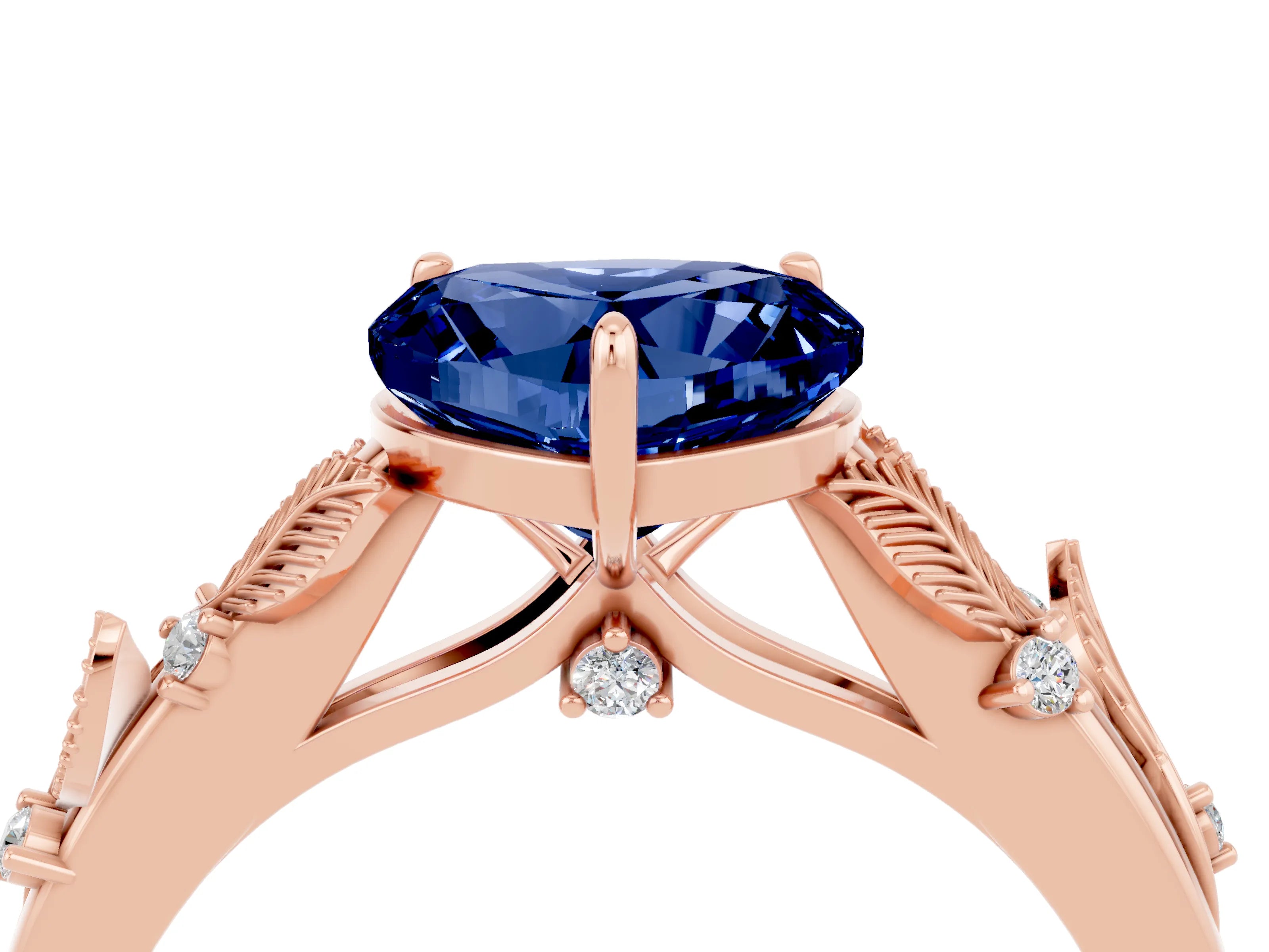 Rose gold Heart Cut Blue Sapphire Solitaire Ring with Leaf Motif Band and Four-Prong Setting_4