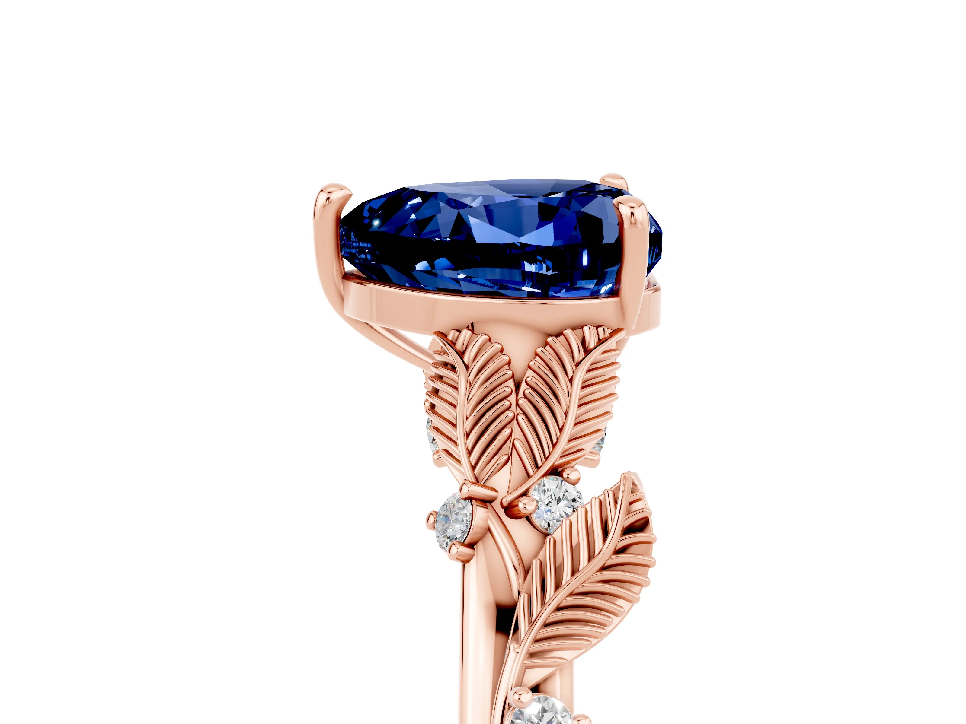 Rose gold Heart Cut Blue Sapphire Solitaire Ring with Leaf Motif Band and Four-Prong Setting_5
