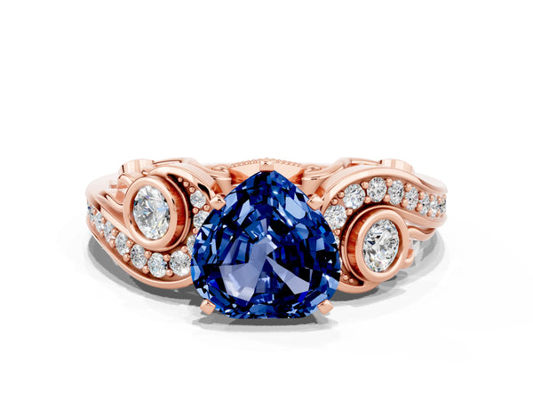 Rose gold Heart Cut Blue Sapphire Solitaire Ring with Milgrain Pavé Band and Four-Prong Setting