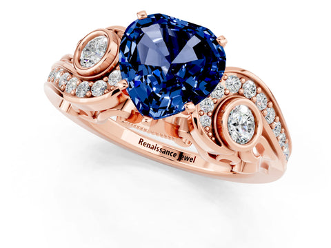 Rose gold Heart Cut Blue Sapphire Solitaire Ring with Milgrain Pavé Band and Four-Prong Setting_25