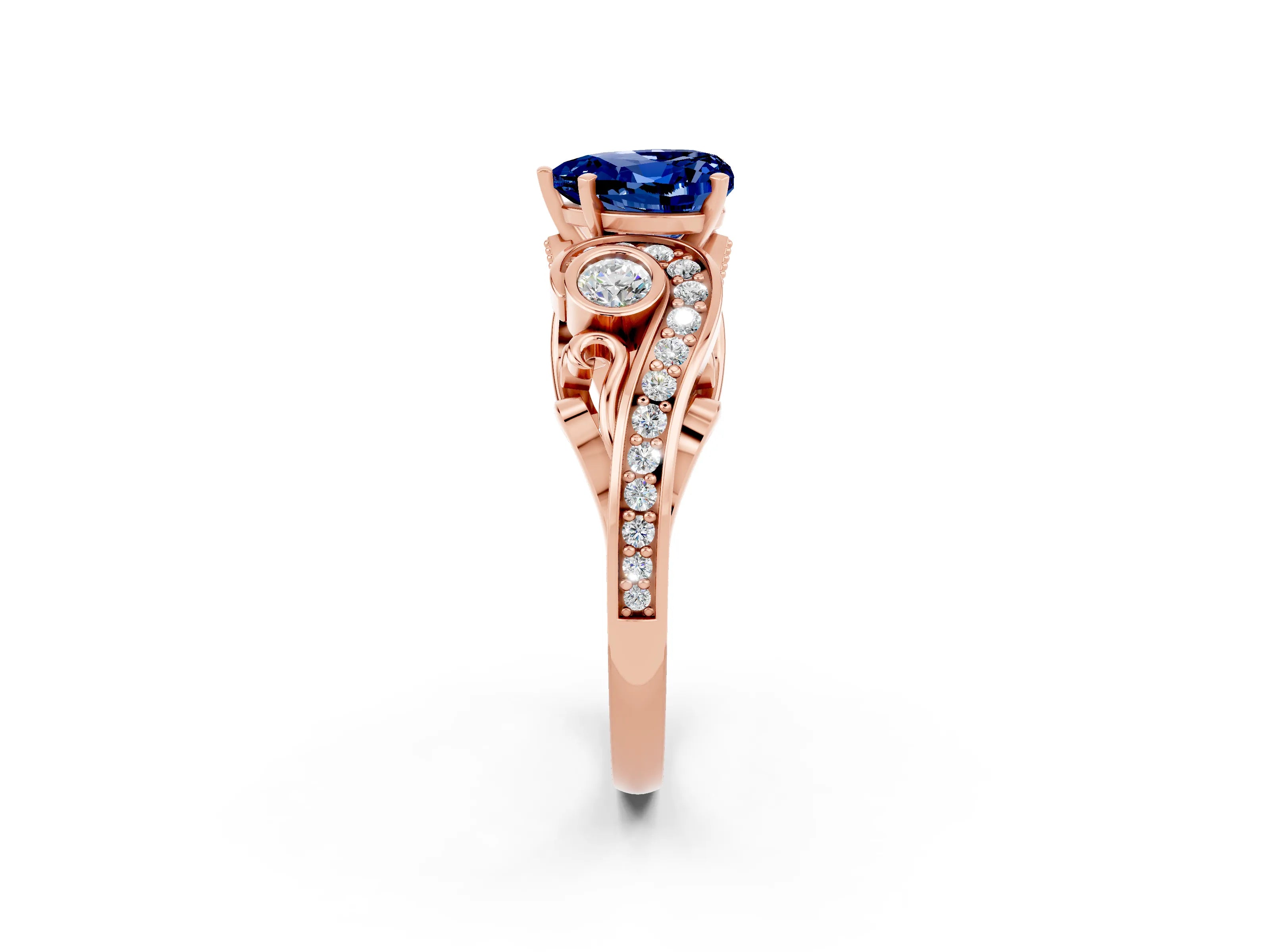 Rose gold Heart Cut Blue Sapphire Solitaire Ring with Milgrain Pavé Band and Four-Prong Setting_26
