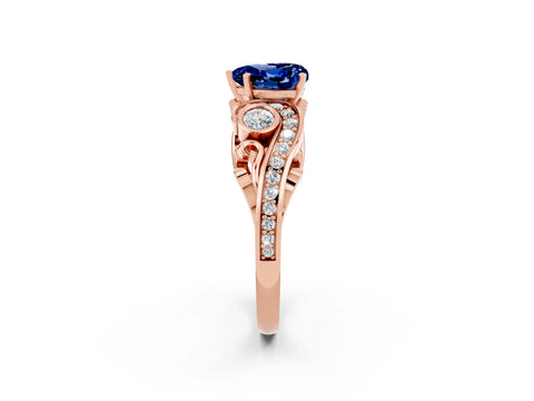 Rose gold Heart Cut Blue Sapphire Solitaire Ring with Milgrain Pavé Band and Four-Prong Setting_26