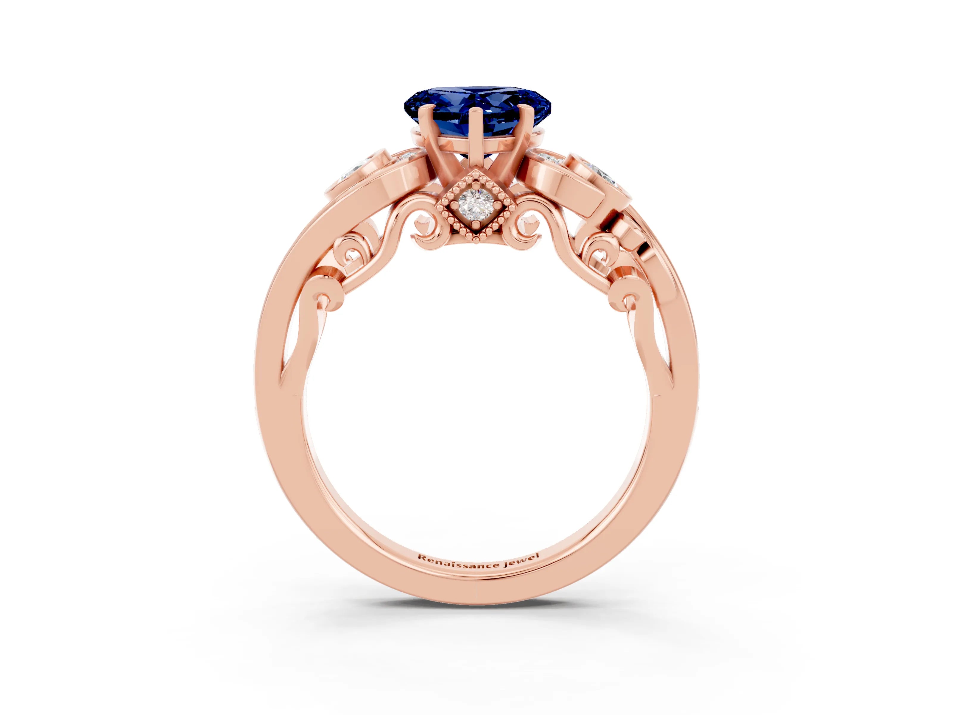 Rose gold Heart Cut Blue Sapphire Solitaire Ring with Milgrain Pavé Band and Four-Prong Setting_27