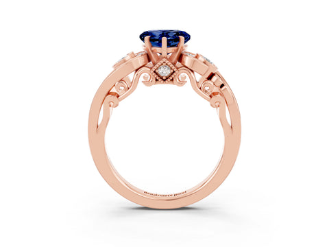 Rose gold Heart Cut Blue Sapphire Solitaire Ring with Milgrain Pavé Band and Four-Prong Setting_27