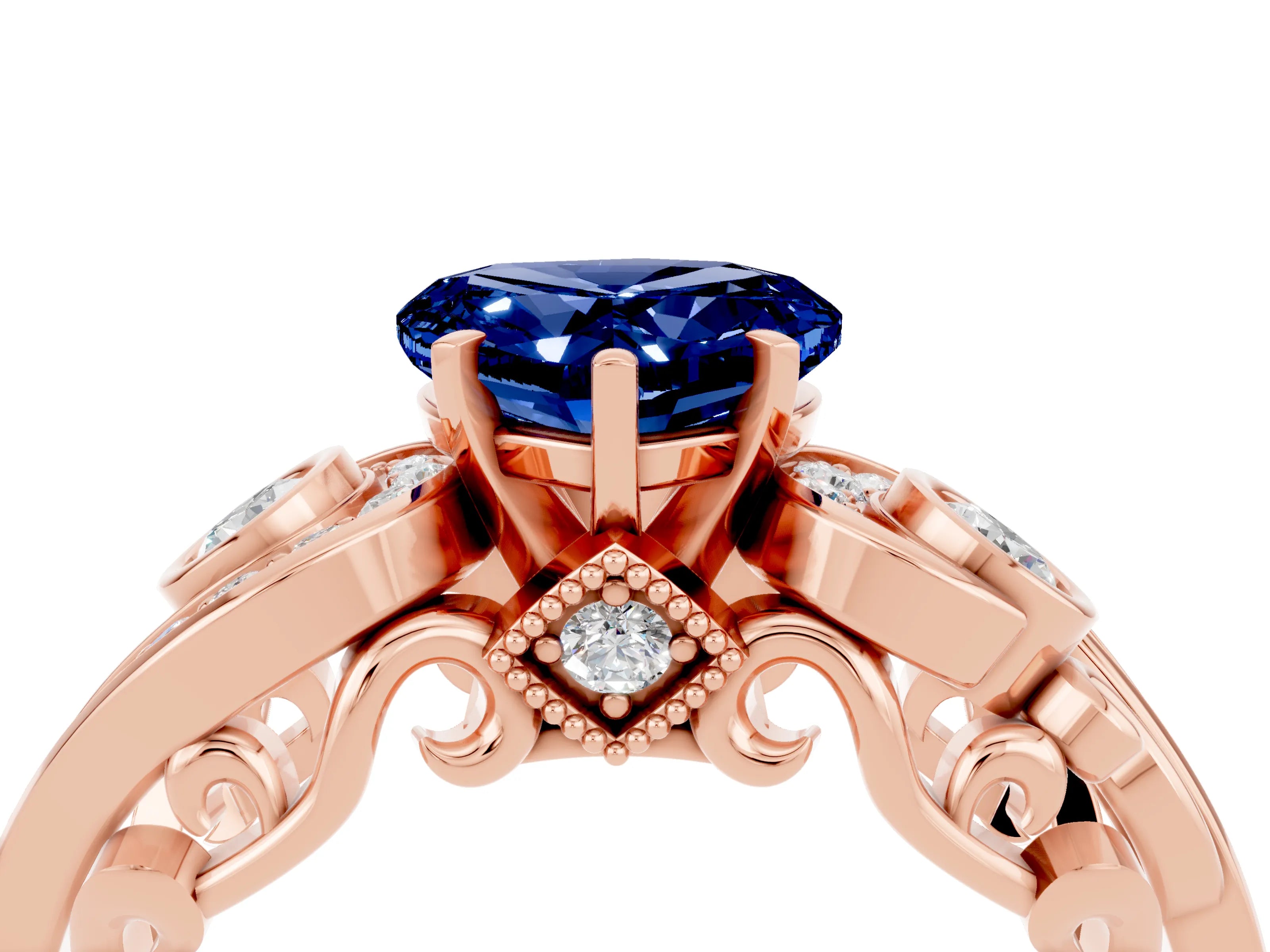 Rose gold Heart Cut Blue Sapphire Solitaire Ring with Milgrain Pavé Band and Four-Prong Setting_28