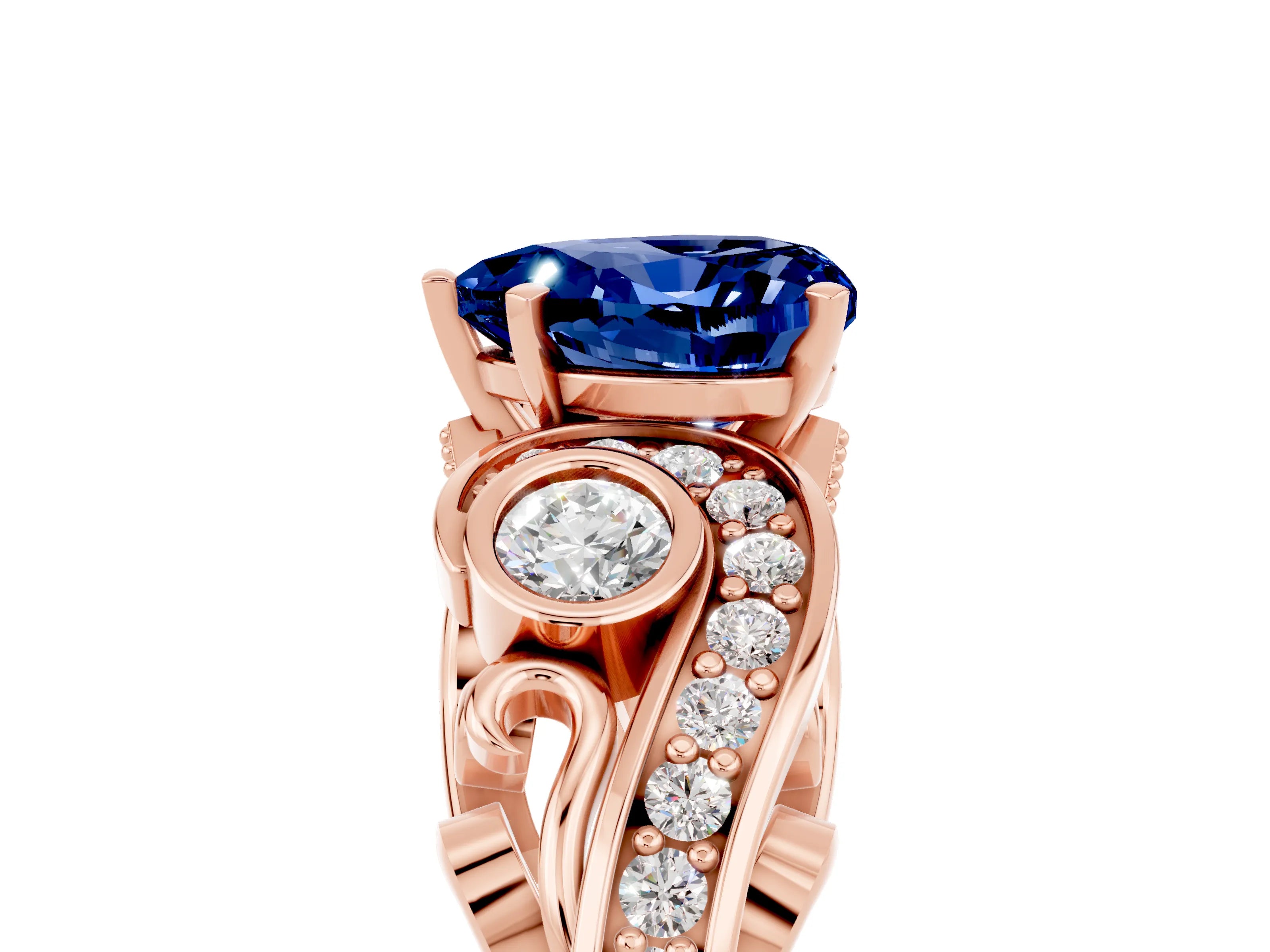 Rose gold Heart Cut Blue Sapphire Solitaire Ring with Milgrain Pavé Band and Four-Prong Setting_29