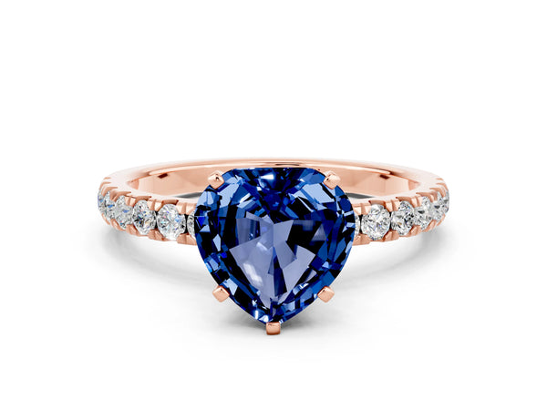 Rose gold Heart Cut Blue Sapphire Solitaire Ring with Pavé Accents and Four-Prong Setting