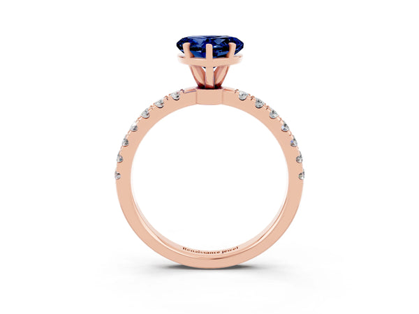 Rose gold Heart Cut Blue Sapphire Solitaire Ring with Pavé Accents and Four-Prong Setting