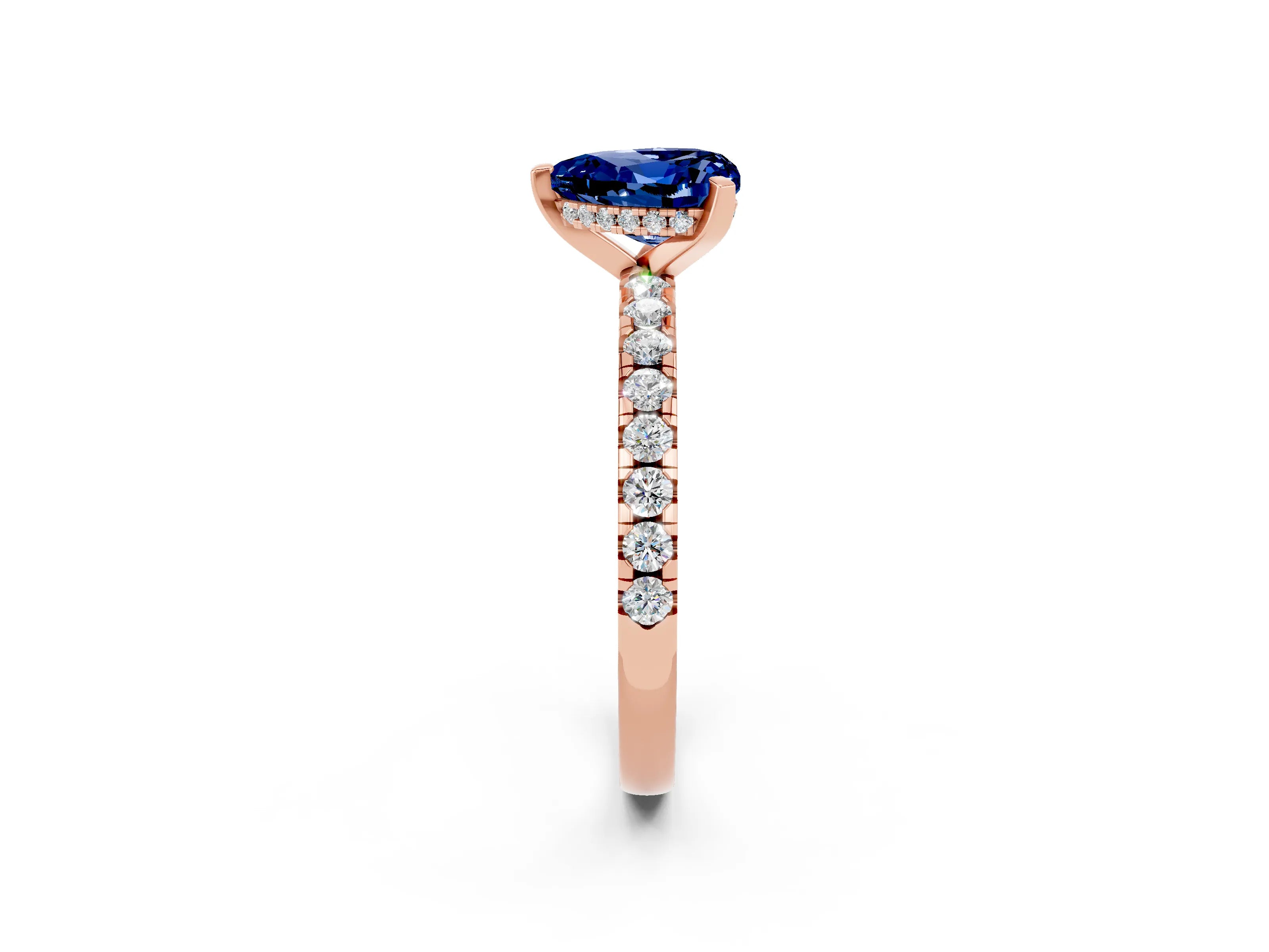 Rose gold Heart Cut Blue Sapphire Solitaire Ring with Pavé Band and Four-Prong Setting_26