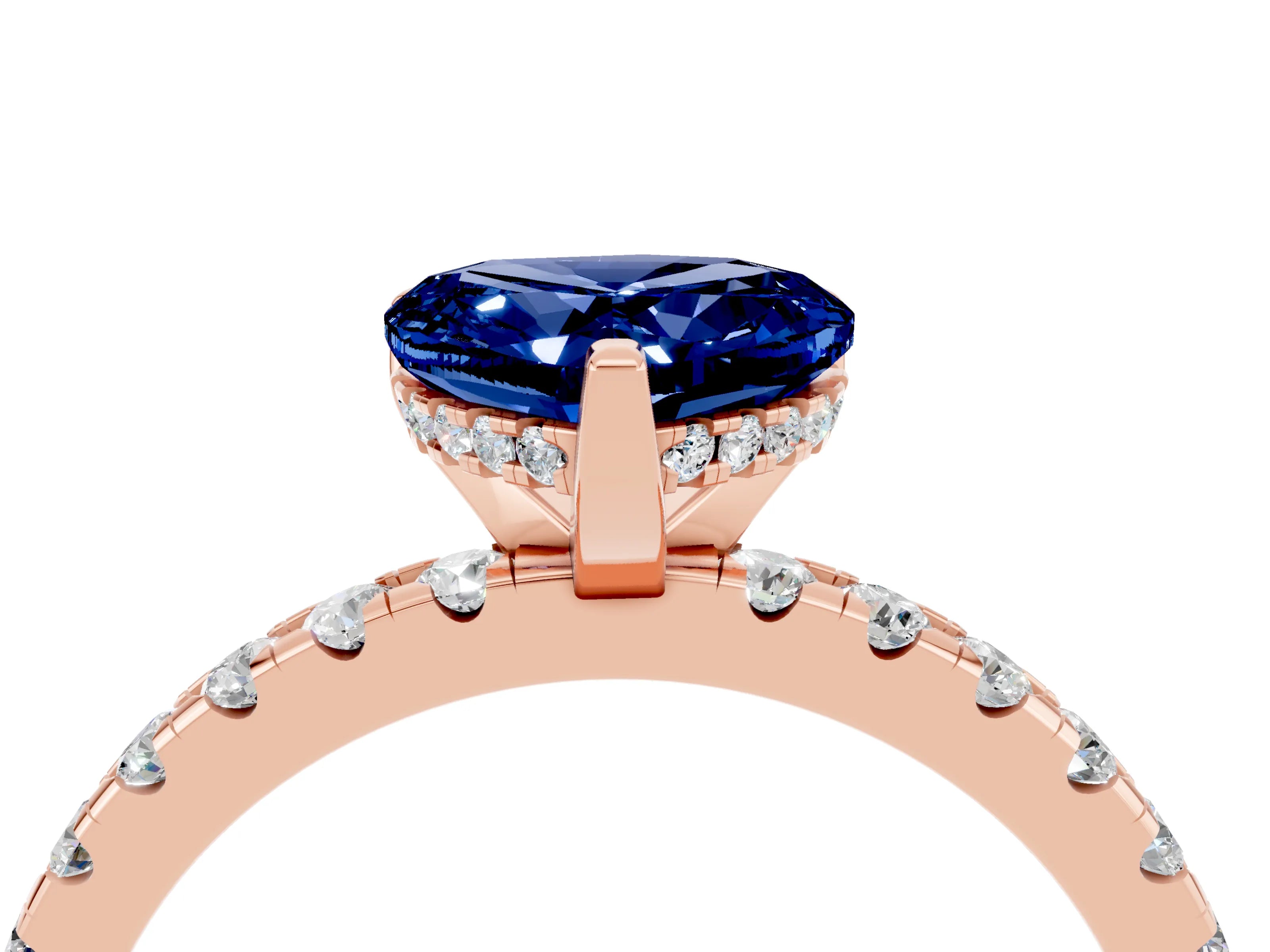 Rose gold Heart Cut Blue Sapphire Solitaire Ring with Pavé Band and Four-Prong Setting_28