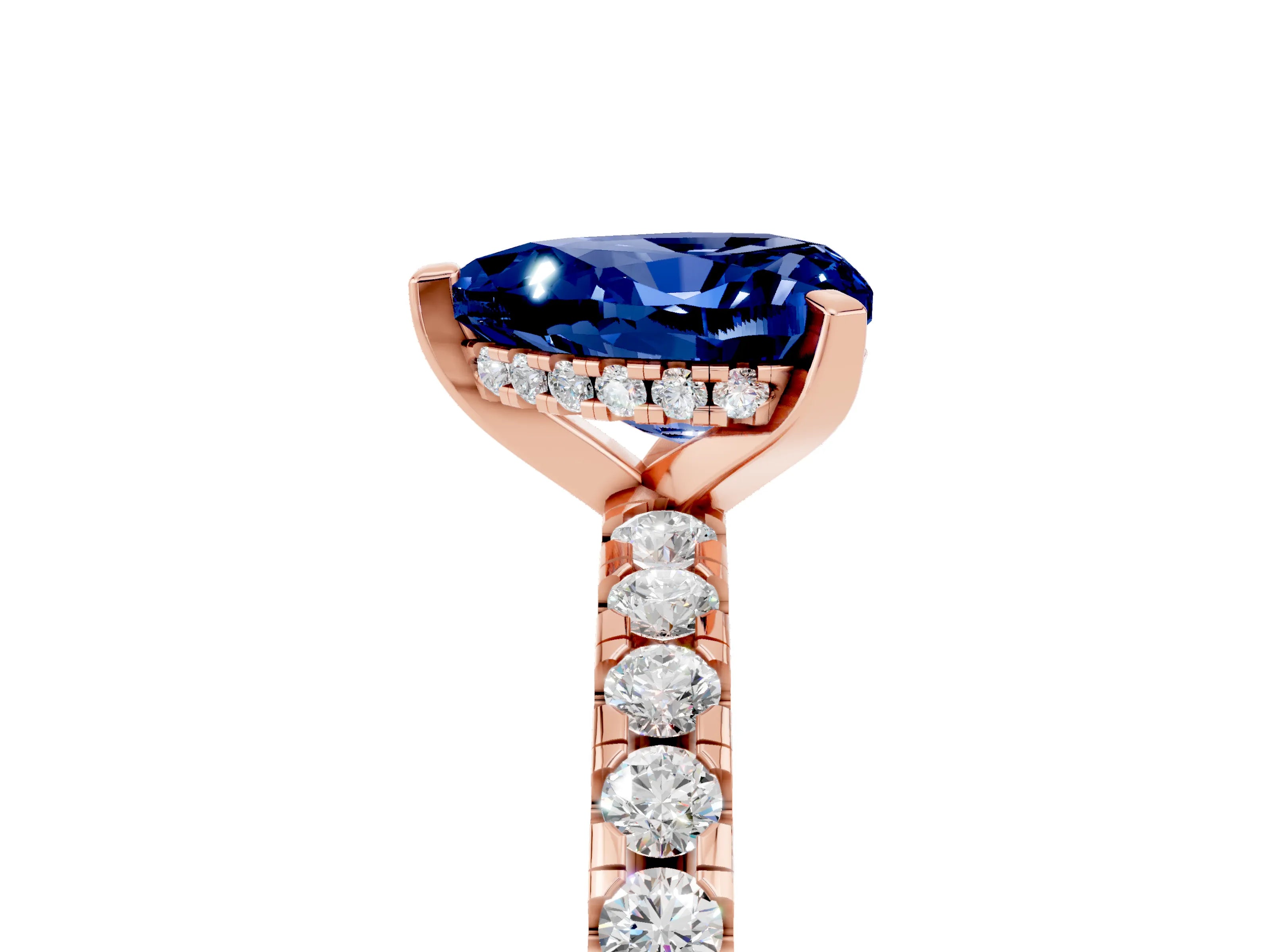 Rose gold Heart Cut Blue Sapphire Solitaire Ring with Pavé Band and Four-Prong Setting_29