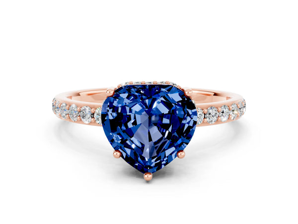 Rose gold Heart Cut Blue Sapphire Solitaire Ring with Pavé Band and Hidden Halo