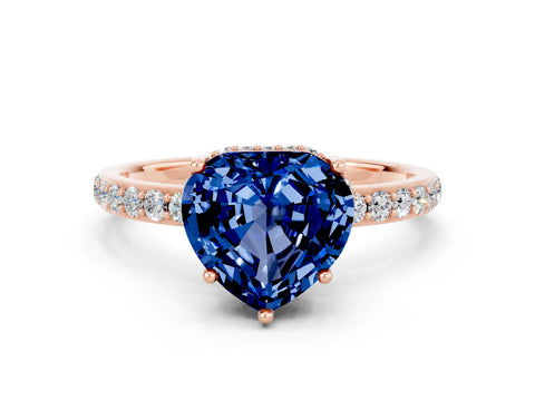 Rose gold Heart Cut Blue Sapphire Solitaire Ring with Pavé Band and Hidden Halo_12