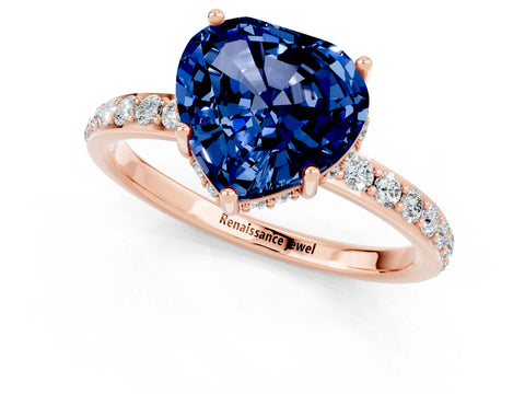 Rose gold Heart Cut Blue Sapphire Solitaire Ring with Pavé Band and Hidden Halo_13