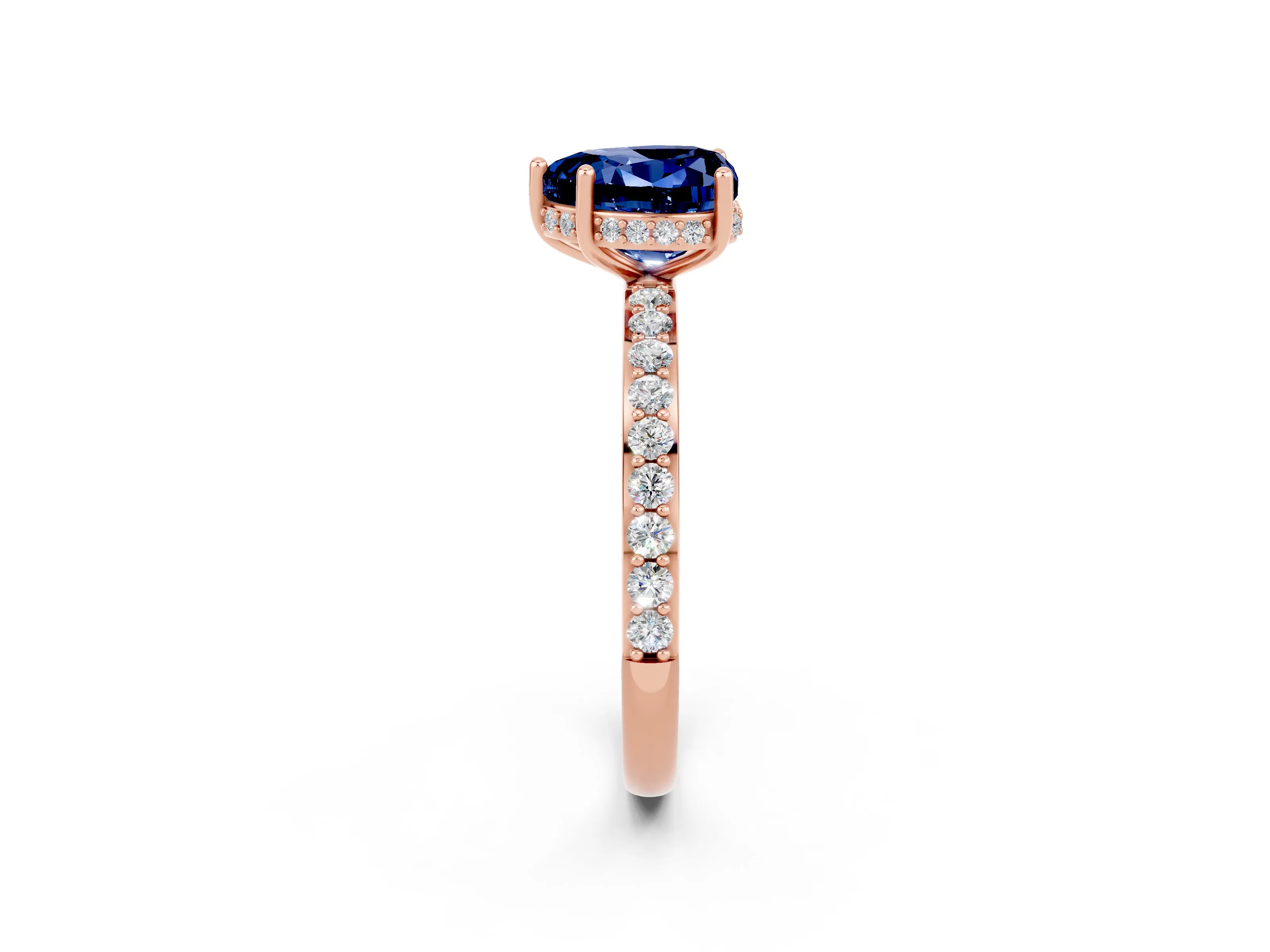 Rose gold Heart Cut Blue Sapphire Solitaire Ring with Pavé Band and Hidden Halo_14