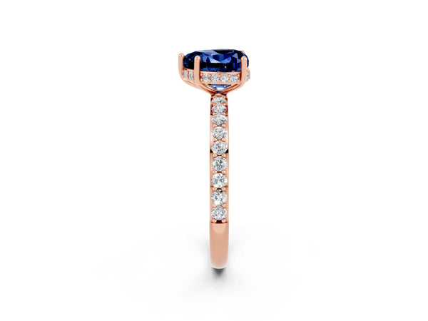 Rose gold Heart Cut Blue Sapphire Solitaire Ring with Pavé Band and Hidden Halo