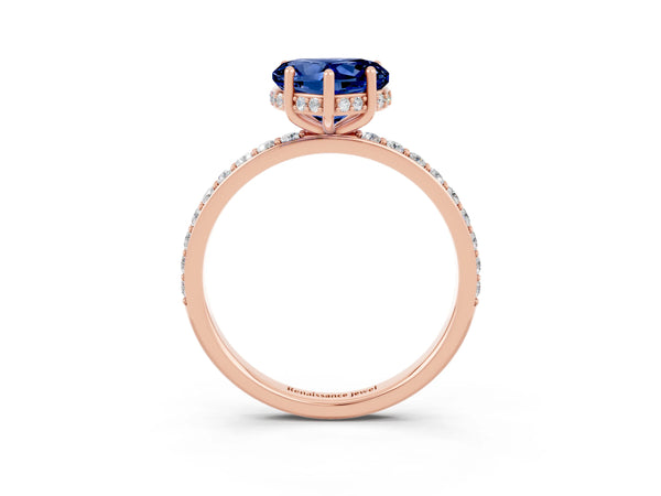 Rose gold Heart Cut Blue Sapphire Solitaire Ring with Pavé Band and Hidden Halo