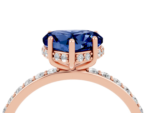 Rose gold Heart Cut Blue Sapphire Solitaire Ring with Pavé Band and Hidden Halo_16