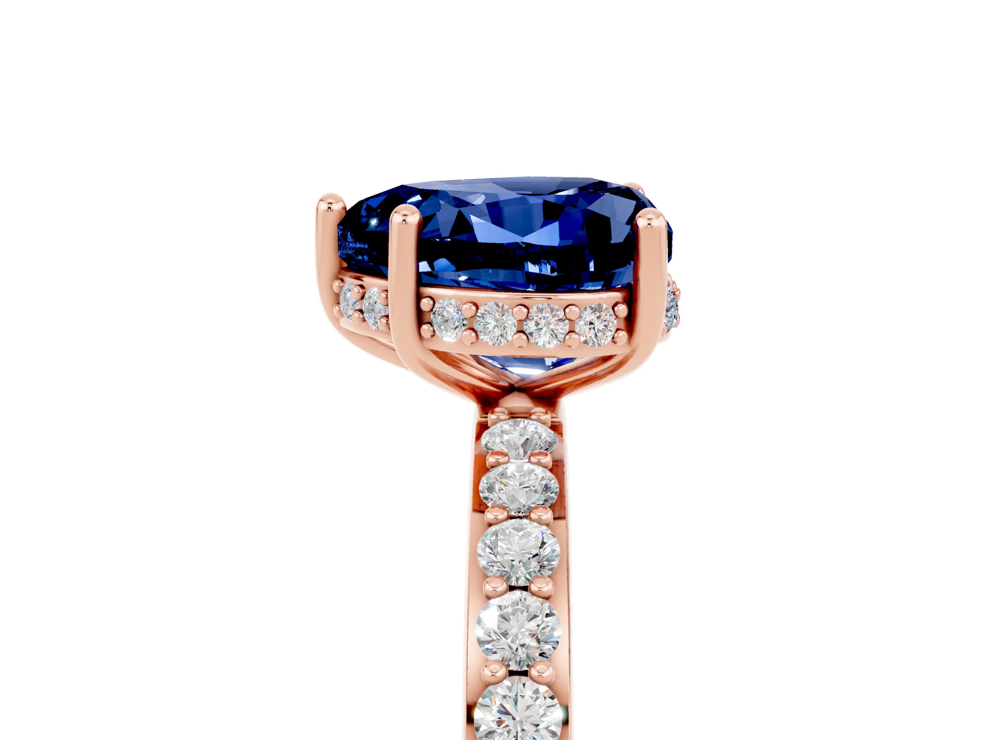 Rose gold Heart Cut Blue Sapphire Solitaire Ring with Pavé Band and Hidden Halo_17