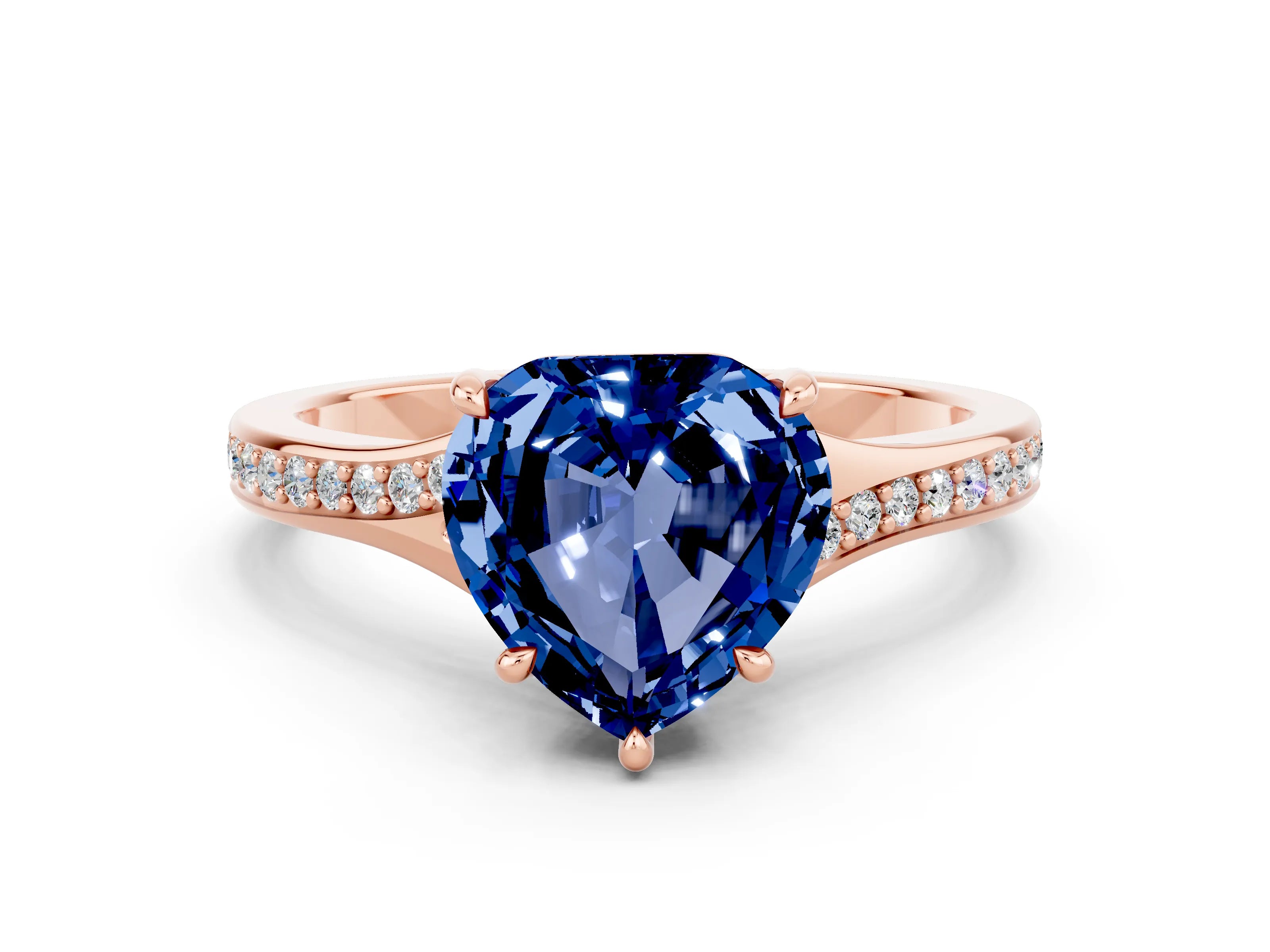 Rose gold Heart Cut Blue Sapphire Solitaire Ring with Pavé Band and Prong Setting_12