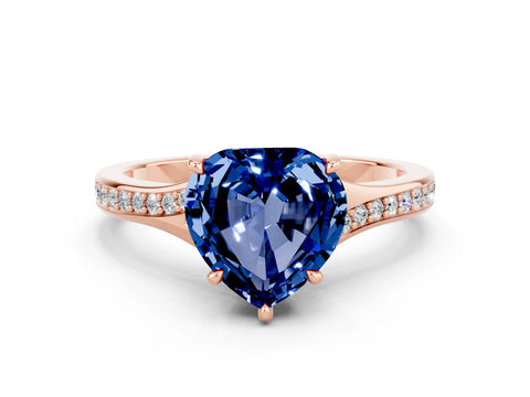 Rose gold Heart Cut Blue Sapphire Solitaire Ring with Pavé Band and Prong Setting_12