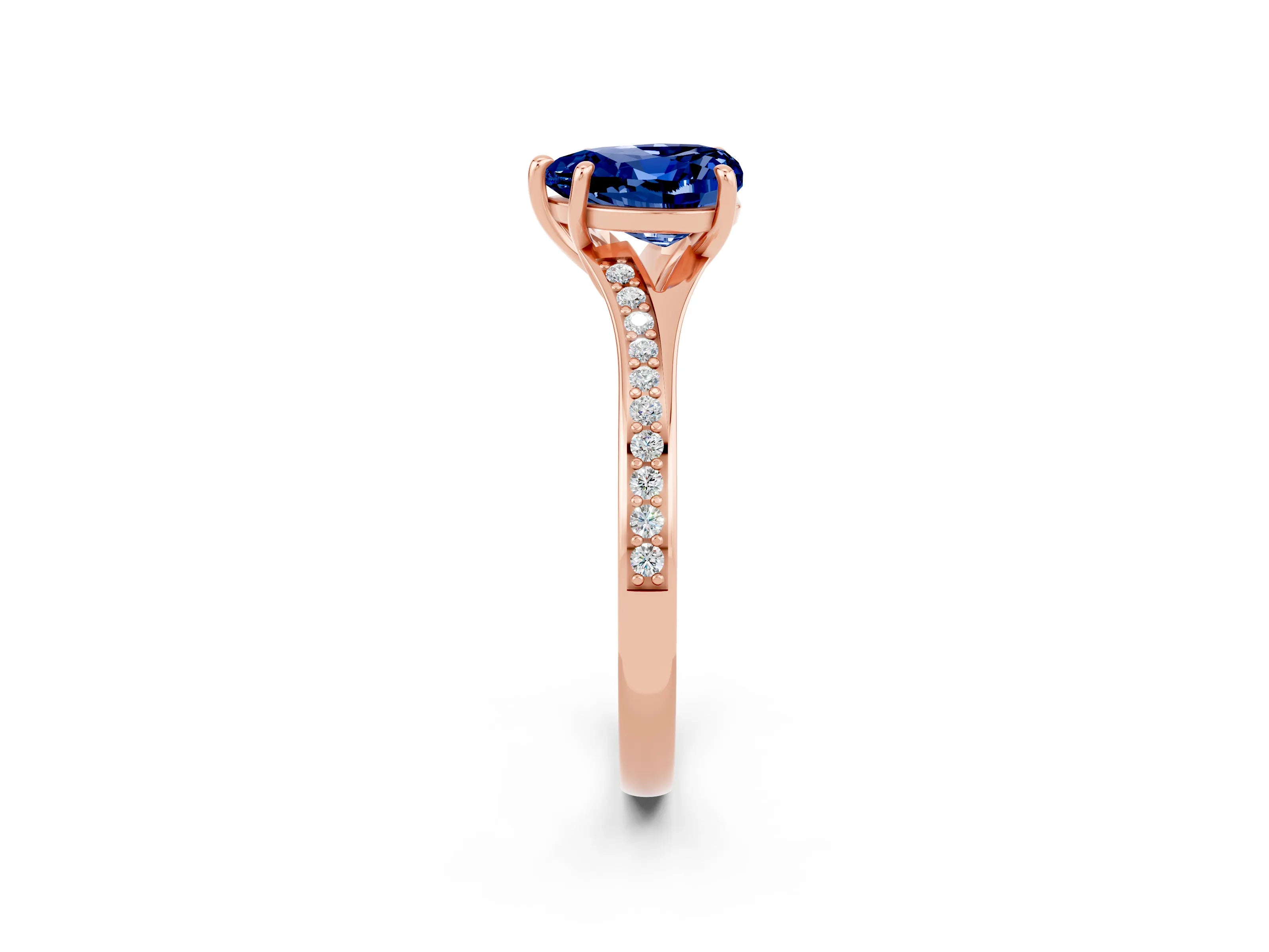 Rose gold Heart Cut Blue Sapphire Solitaire Ring with Pavé Band and Prong Setting_14