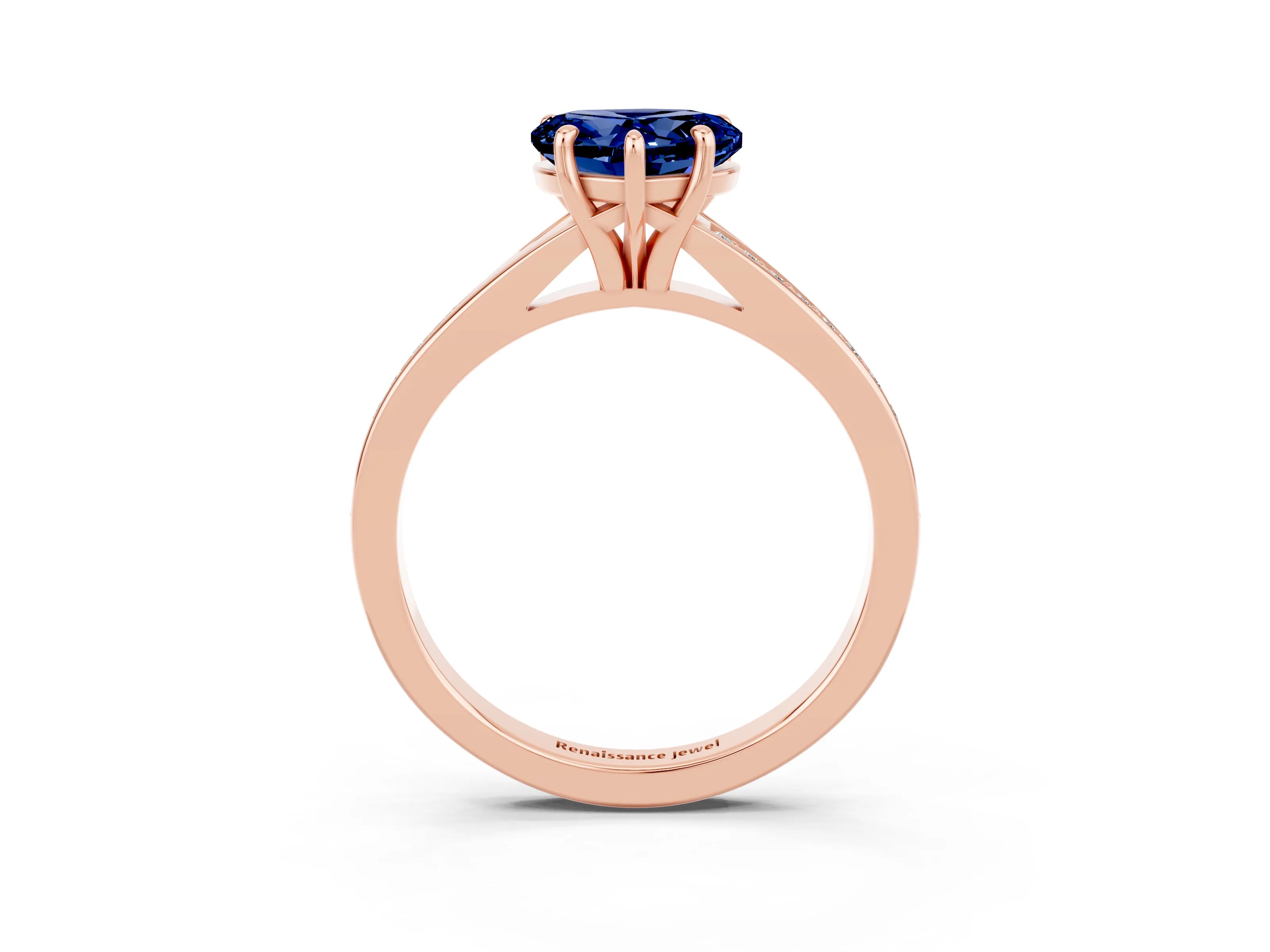 Rose gold Heart Cut Blue Sapphire Solitaire Ring with Pavé Band and Prong Setting_15