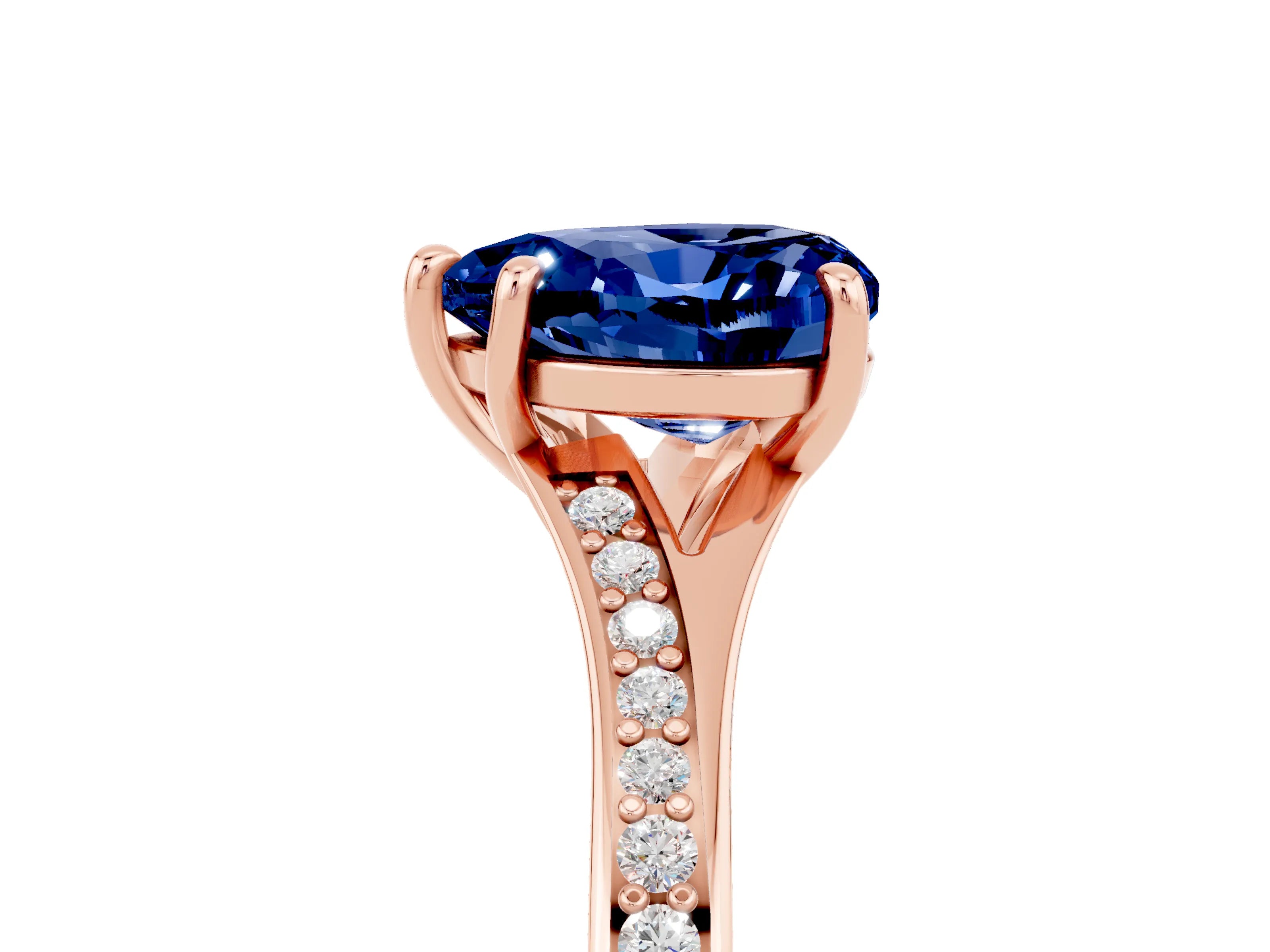 Rose gold Heart Cut Blue Sapphire Solitaire Ring with Pavé Band and Prong Setting_5