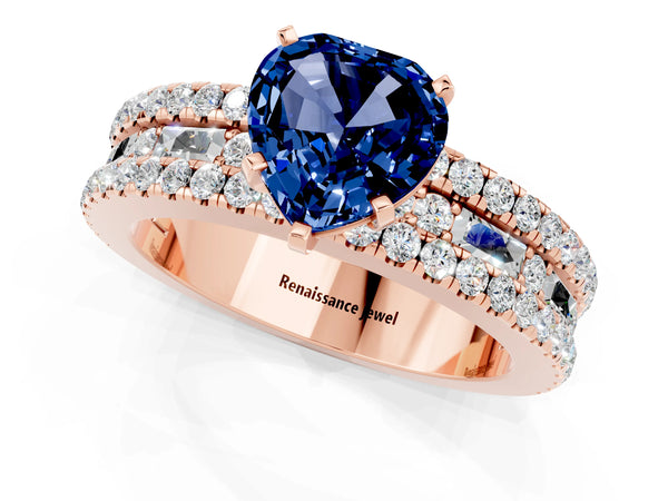 Rose gold Heart Cut Blue Sapphire Solitaire Ring with Pavé and Channel Set Band