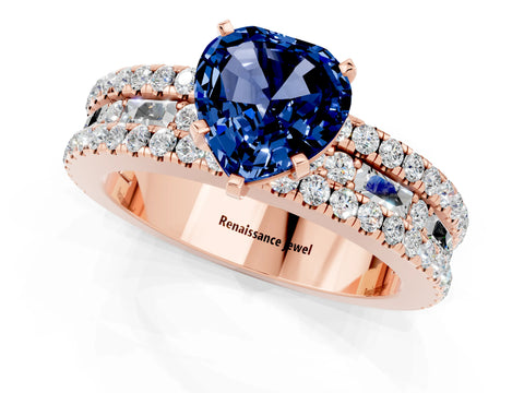 Rose gold Heart Cut Blue Sapphire Solitaire Ring with Pavé and Channel Set Band_1