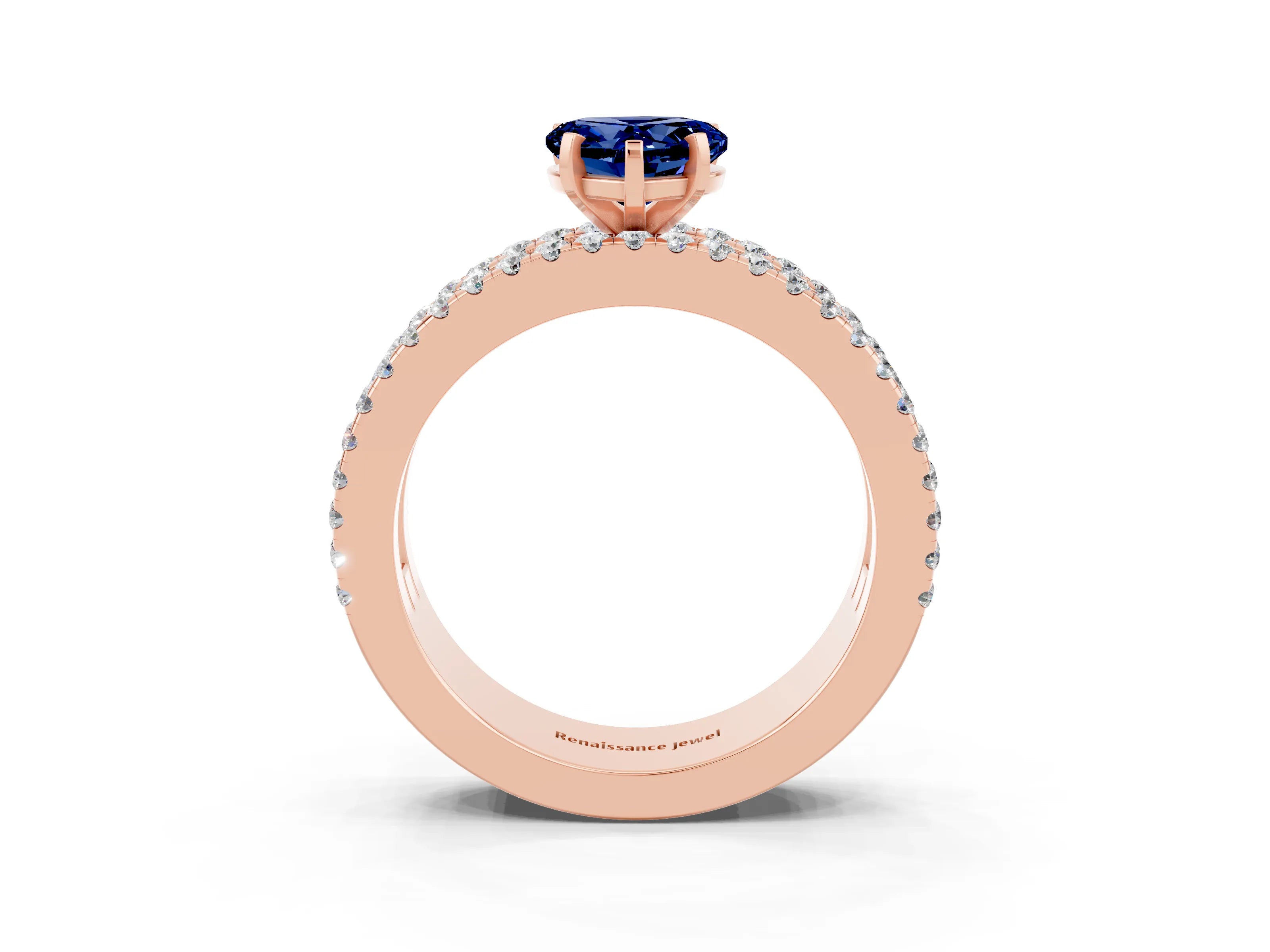 Rose gold Heart Cut Blue Sapphire Solitaire Ring with Pavé and Channel Set Band_3