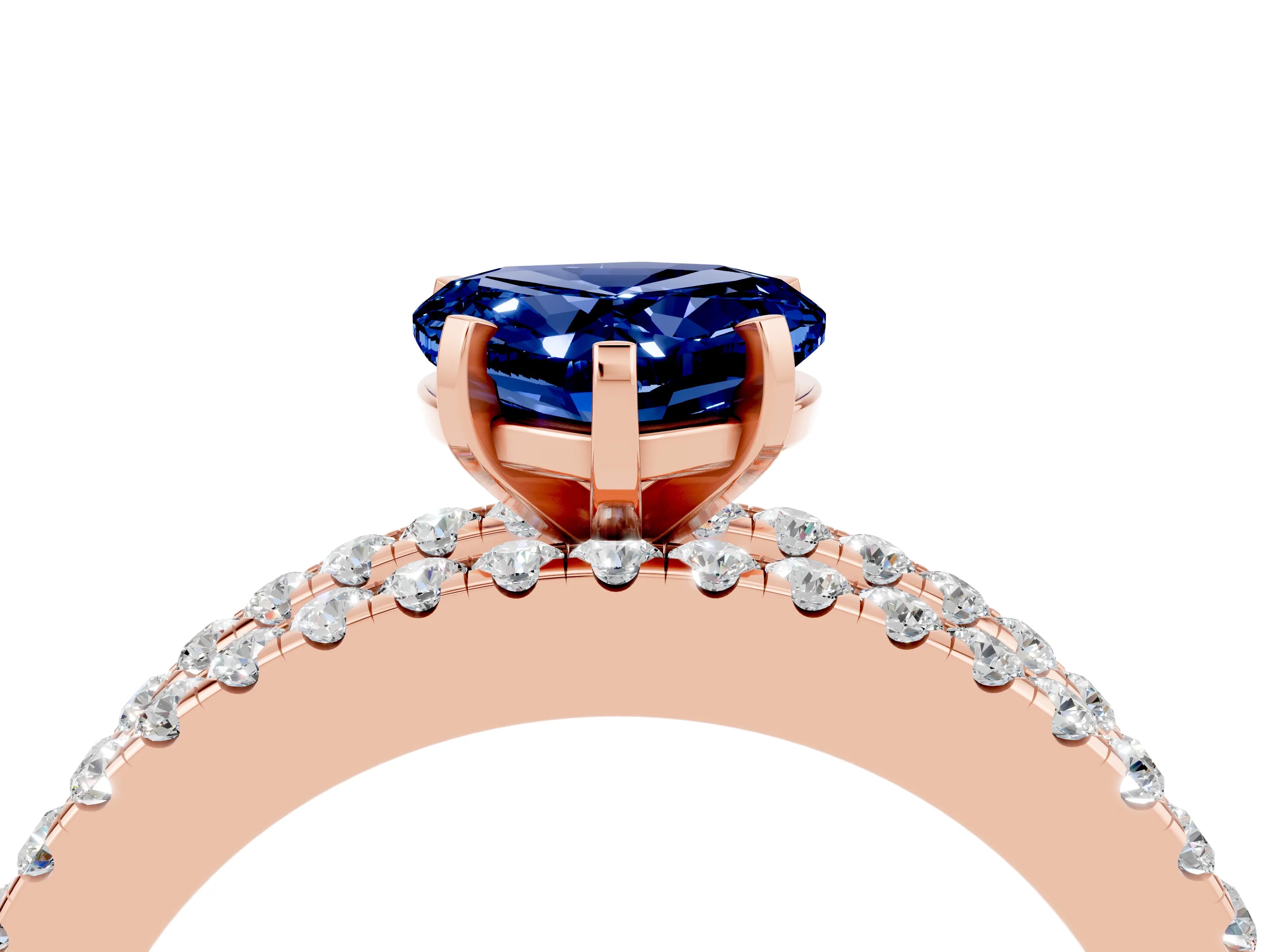 Rose gold Heart Cut Blue Sapphire Solitaire Ring with Pavé and Channel Set Band_4