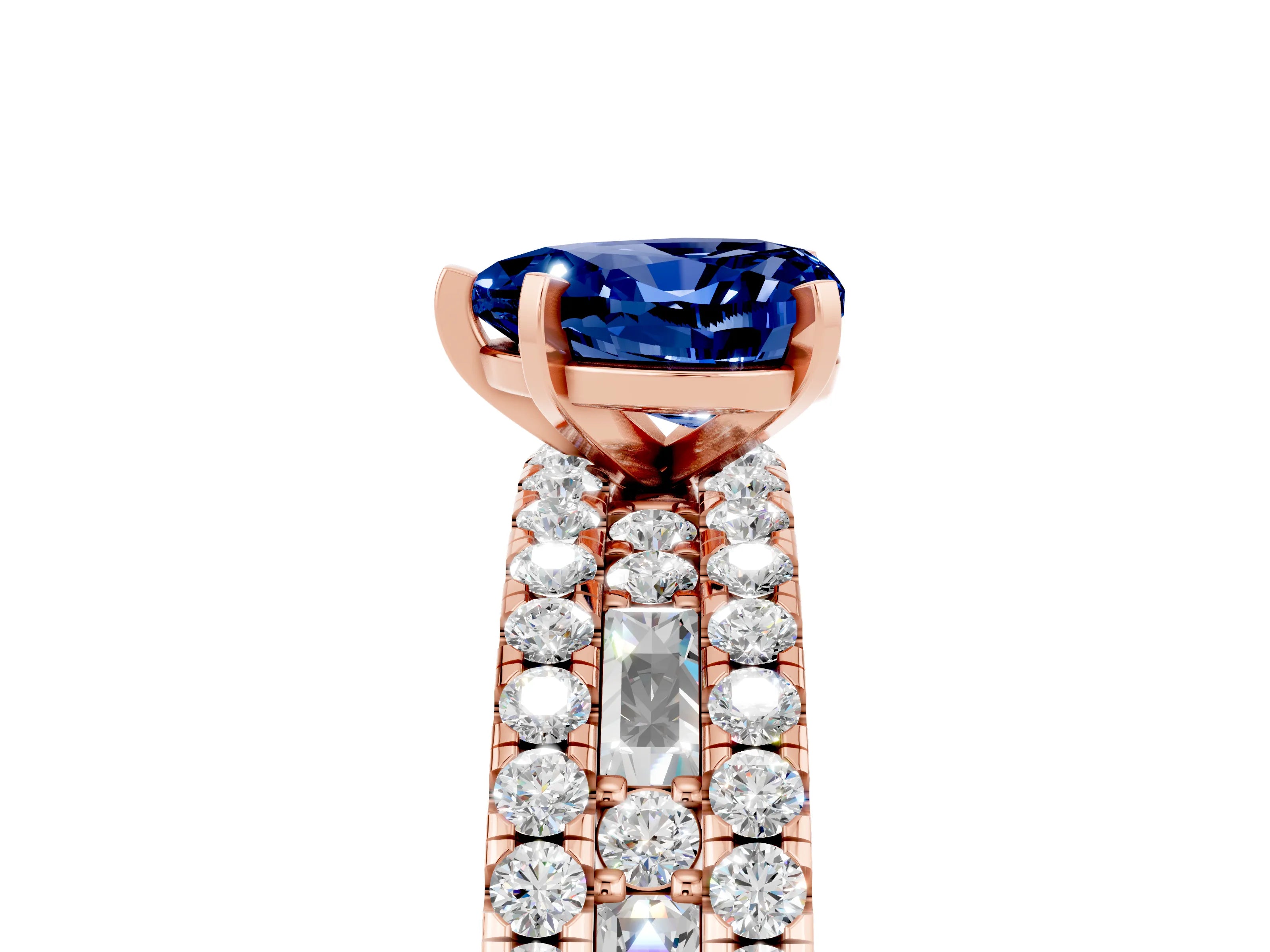 Rose gold Heart Cut Blue Sapphire Solitaire Ring with Pavé and Channel Set Band_5