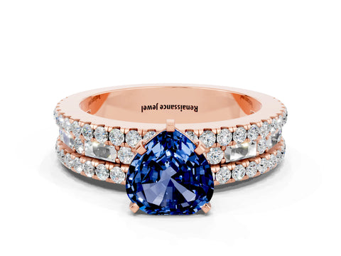 Rose gold Heart Cut Blue Sapphire Solitaire Ring with Pavé and Channel Set Band