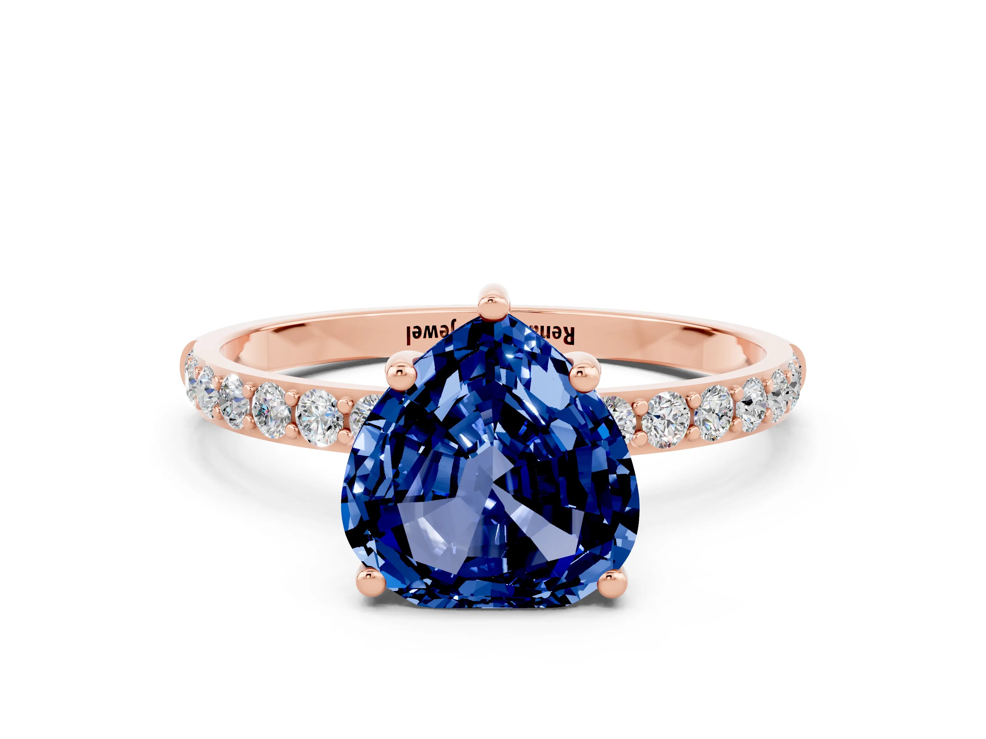 Rose gold Heart Cut Blue Sapphire Solitaire Ring with Pave Band and Four Prong Setting_24