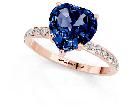Rose gold Heart Cut Blue Sapphire Solitaire Ring with Pave Band and Four Prong Setting_25