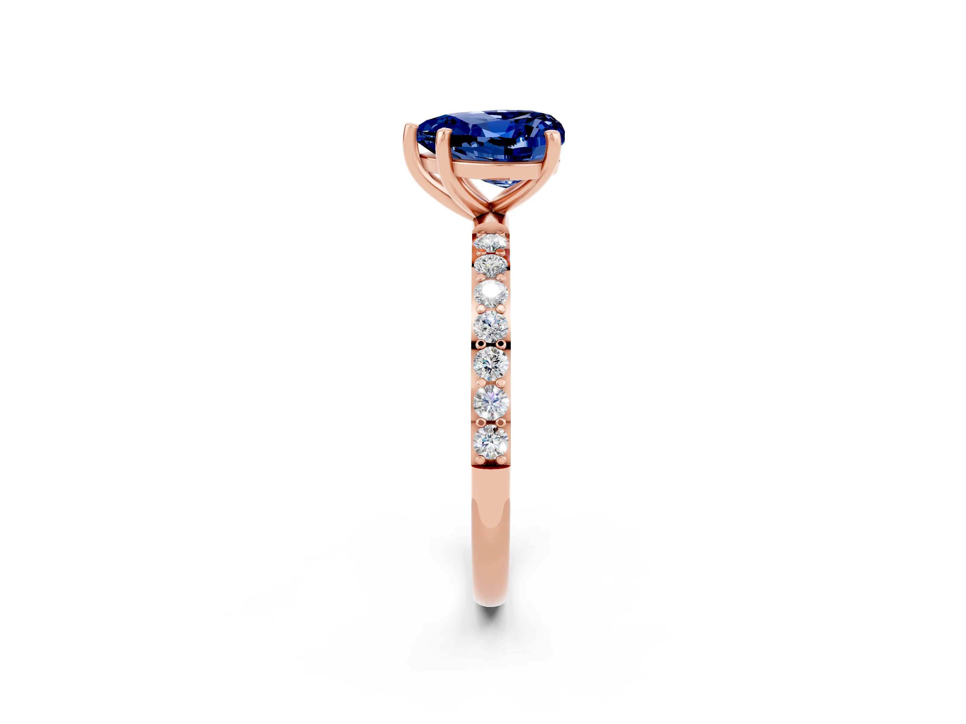 Rose gold Heart Cut Blue Sapphire Solitaire Ring with Pave Band and Four Prong Setting_26