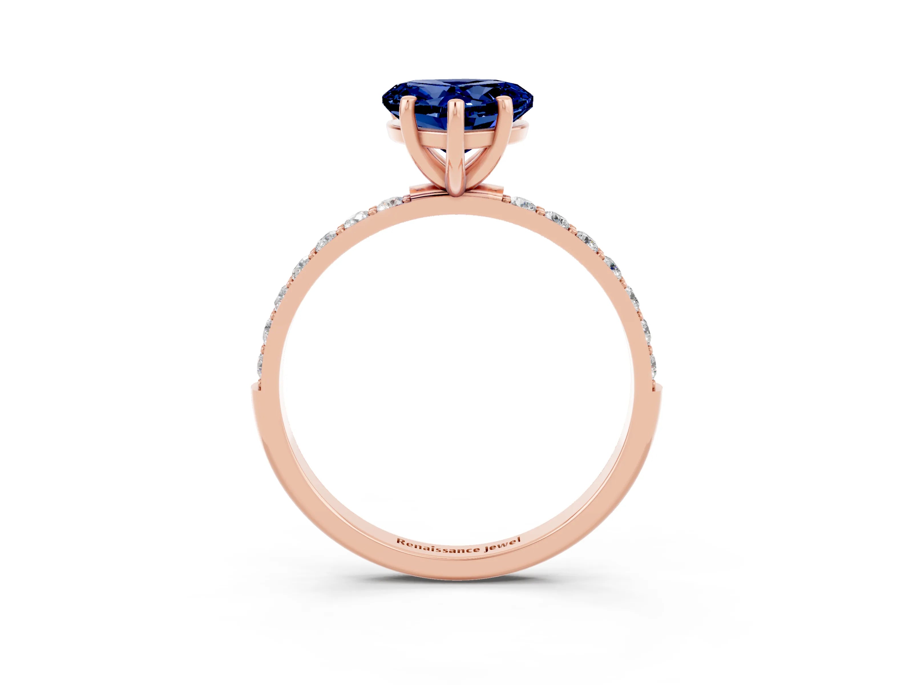Rose gold Heart Cut Blue Sapphire Solitaire Ring with Pave Band and Four Prong Setting_27