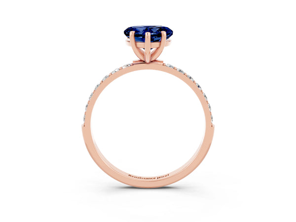 Rose gold Heart Cut Blue Sapphire Solitaire Ring with Round  Pavé Band and Prong Setting