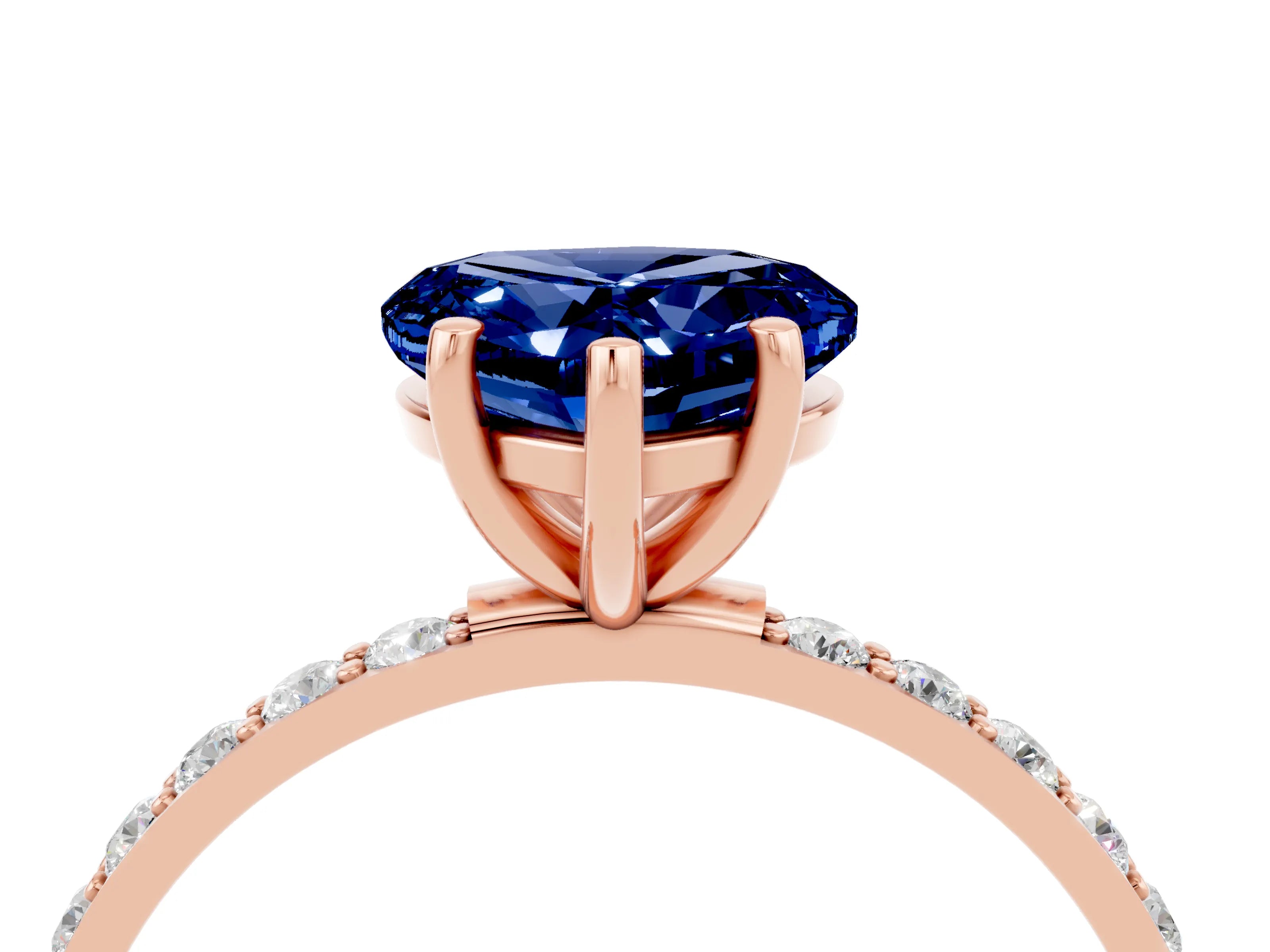 Rose gold Heart Cut Blue Sapphire Solitaire Ring with Pave Band and Four Prong Setting_28