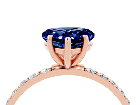 Rose gold Heart Cut Blue Sapphire Solitaire Ring with Pave Band and Four Prong Setting_28