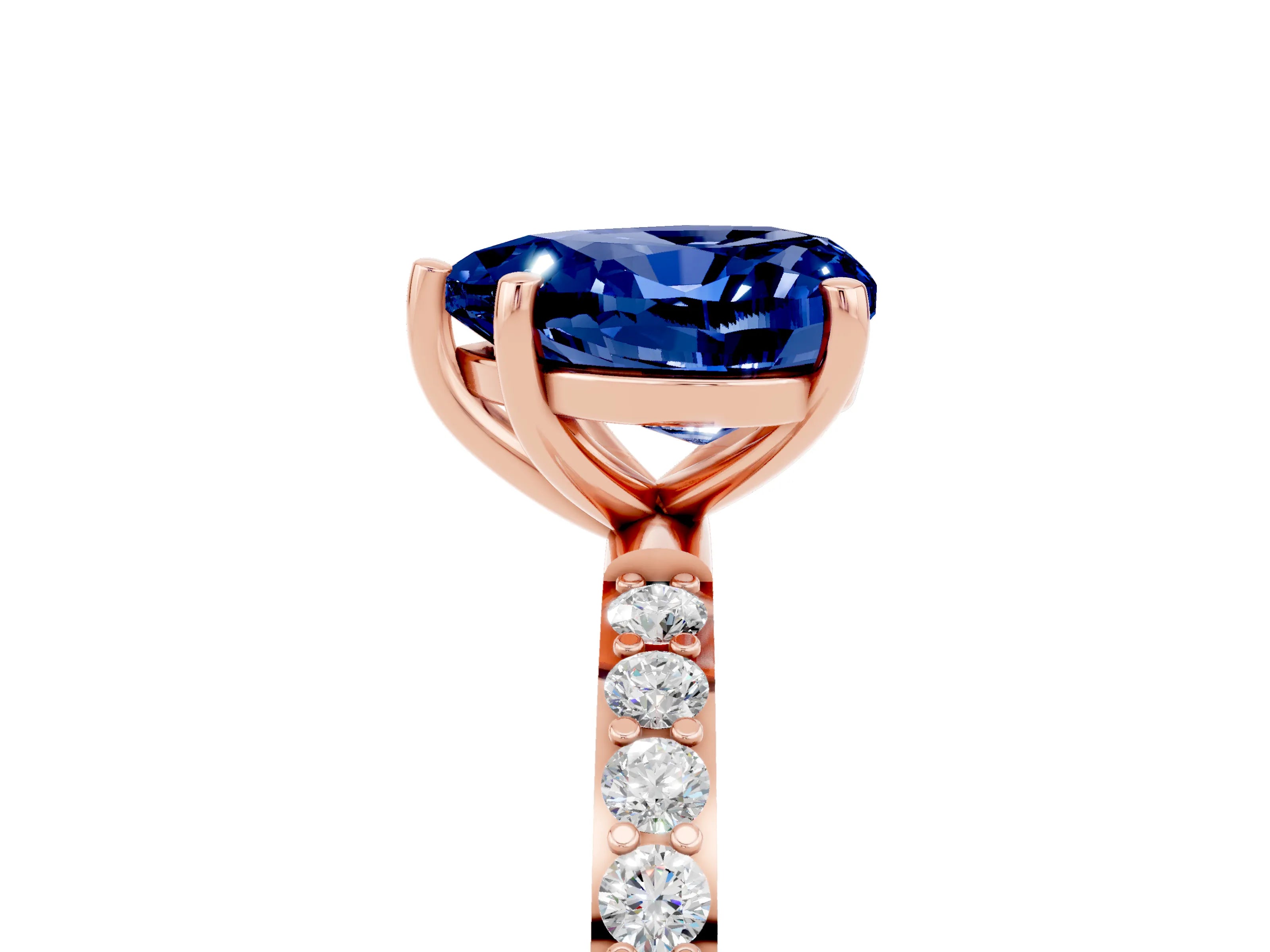 Rose gold Heart Cut Blue Sapphire Solitaire Ring with Pave Band and Four Prong Setting_29