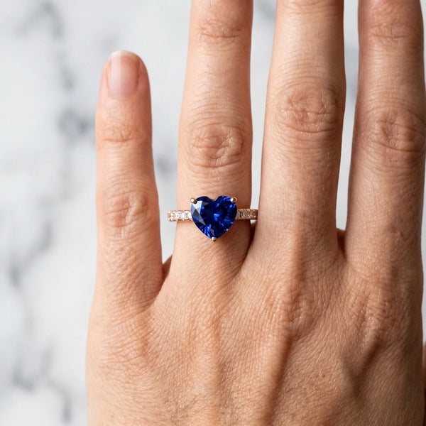 Rose gold Heart Cut Blue Sapphire Solitaire Ring with Round  Pavé Band and Four-Prong Setting