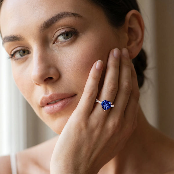 Rose gold Heart Cut Blue Sapphire Solitaire Ring with Round  Pavé Band and Four-Prong Setting