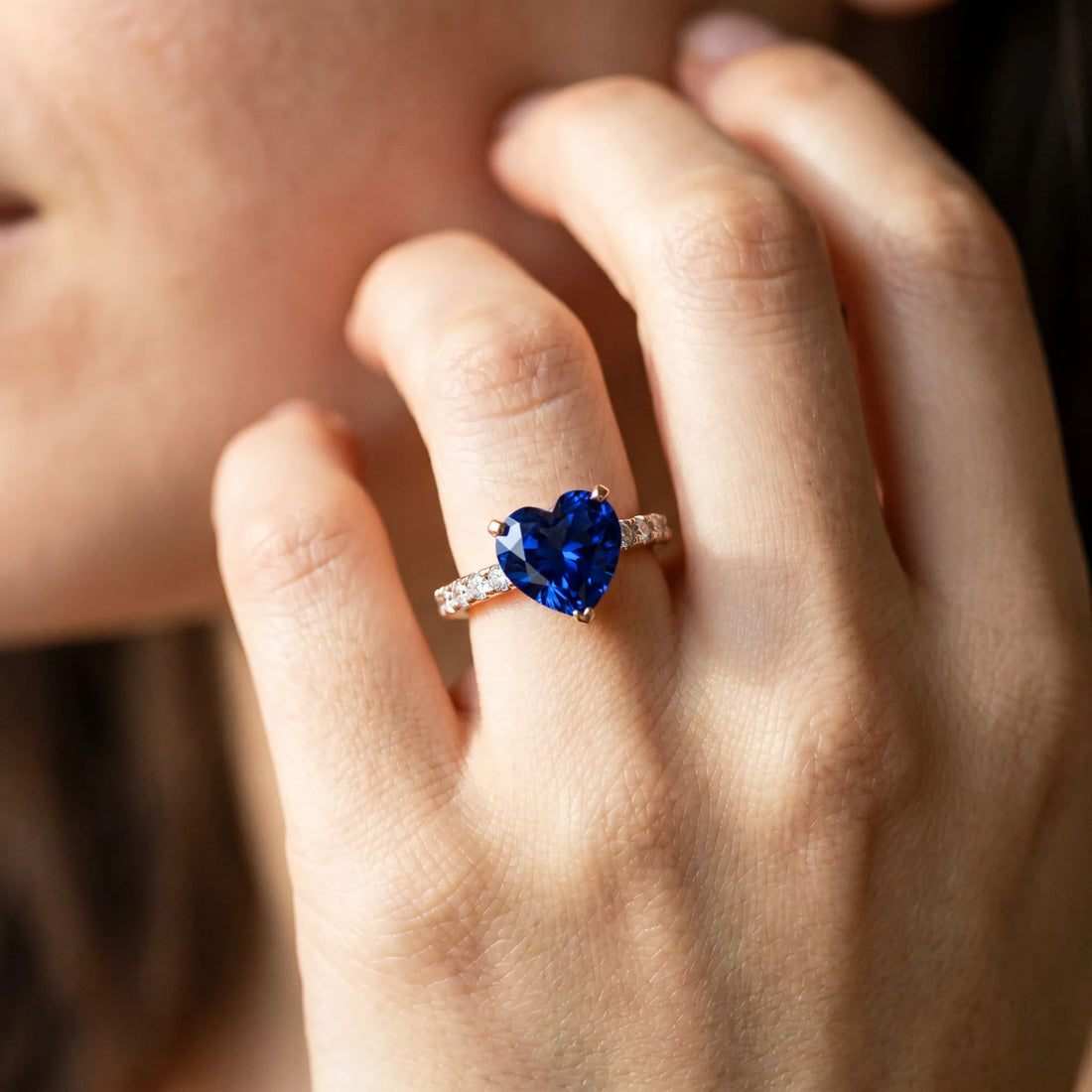 Rose gold Heart Cut Blue Sapphire Solitaire Ring with Round  Pavé Band and Four-Prong Setting_44