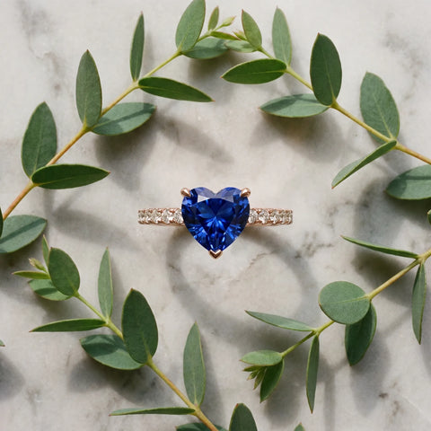 Rose gold Heart Cut Blue Sapphire Solitaire Ring with Round  Pavé Band and Four-Prong Setting_45