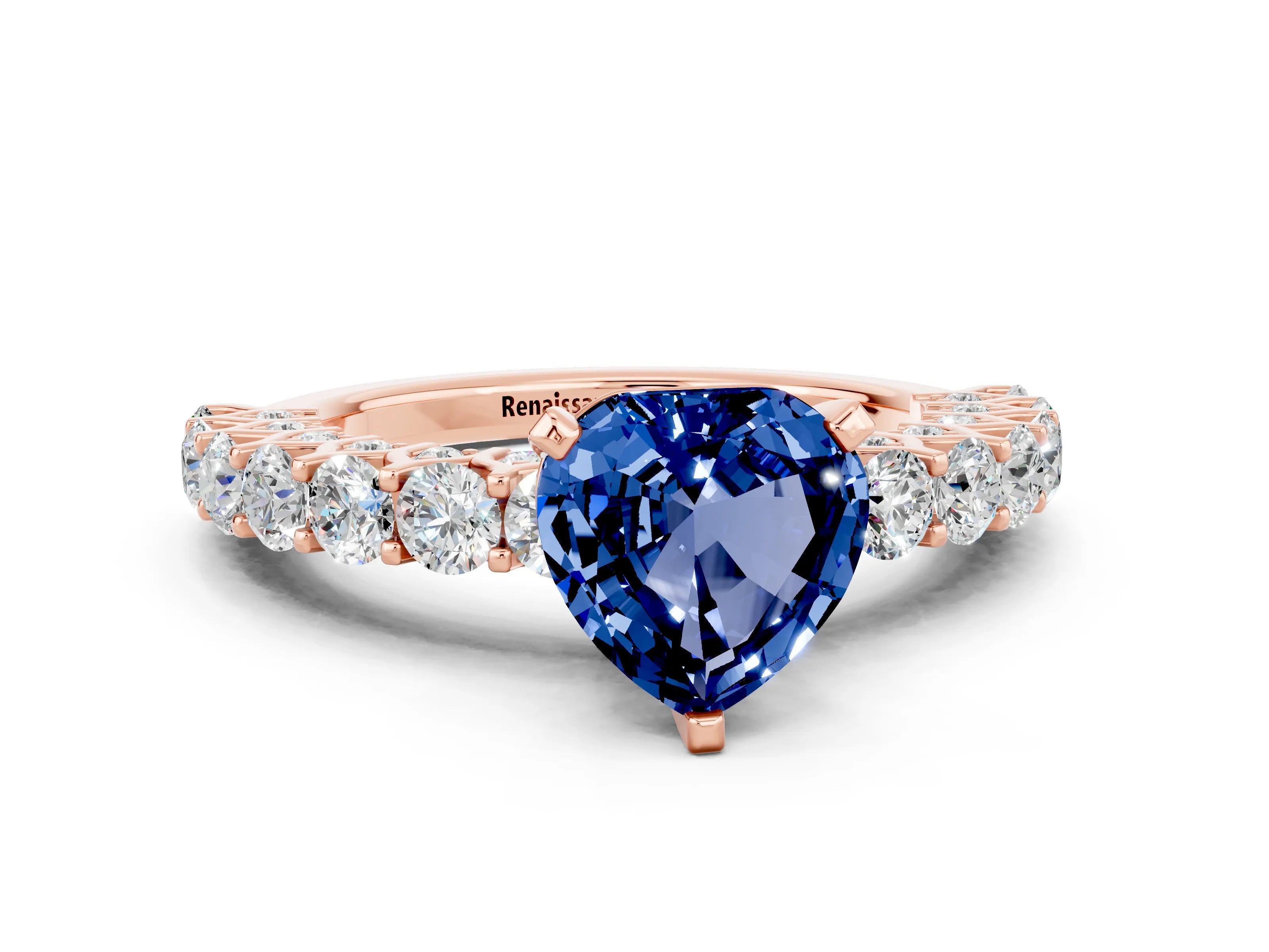 Rose gold Heart Cut Blue Sapphire Solitaire Ring with Shared Prong Pavé Band and Four-Prong Setting_12