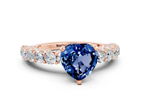Rose gold Heart Cut Blue Sapphire Solitaire Ring with Shared Prong Pavé Band and Four-Prong Setting_12